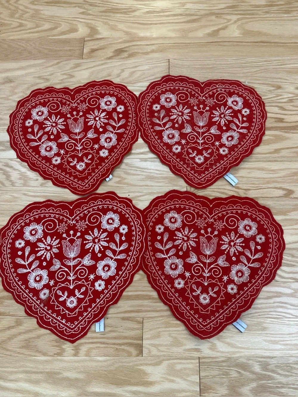 Red Heart-Shaped Embroidered Felt Coasters (Set of 4)